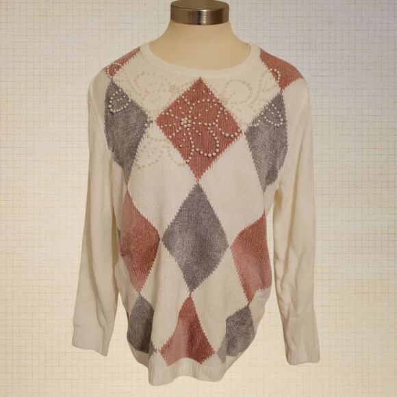 Argyle Knit Alfred Dunner Beaded Sweater Embroidered Floral Medium Winter Soft - Picture 1 of 6